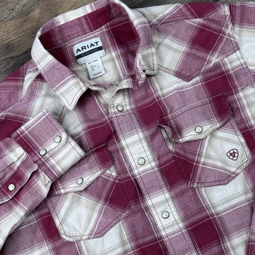 Ariat Button Snap Retro Fit Shirt Men's Large Plaid Long Sleeve Red Western